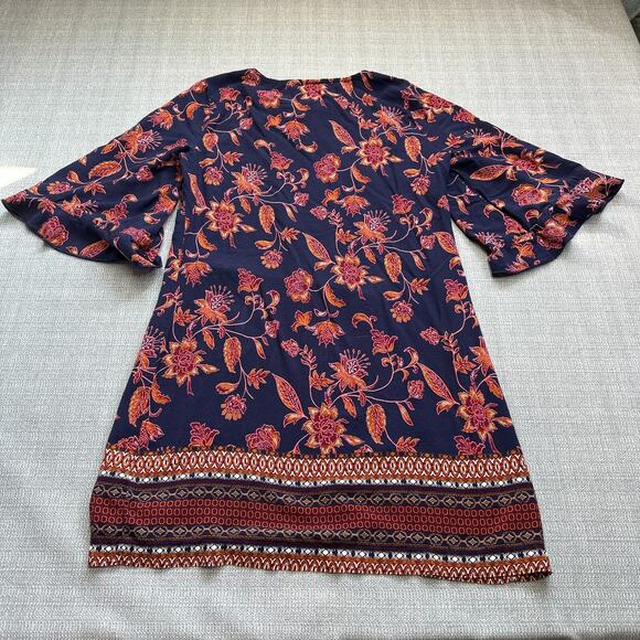 Boho Floral Mini Dress Small Bell Sleeve Blue Festival Whimsy Garden Party - Picture 4 of 10
